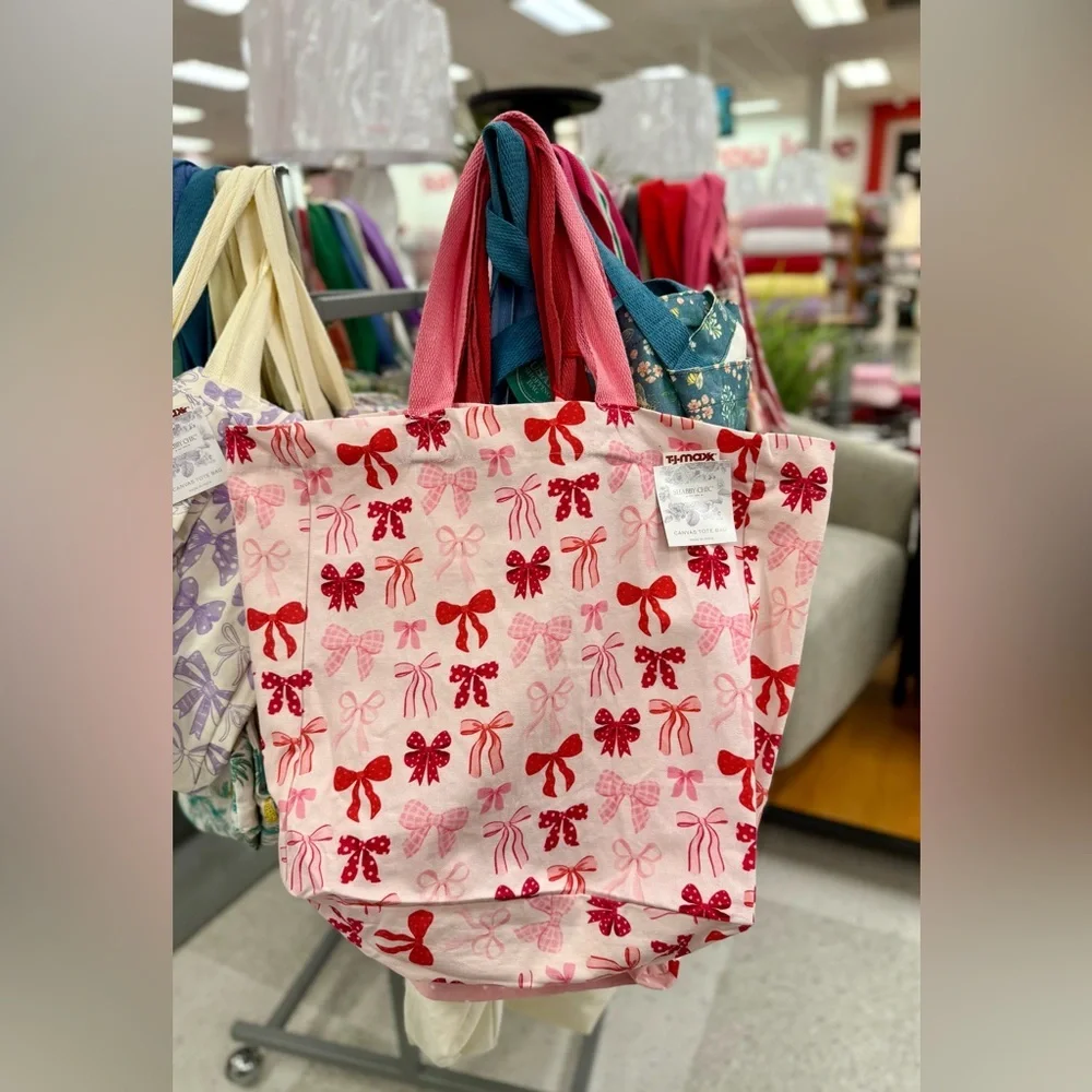 Viral Coquette Bow Pink Red Reusable Canvas Tote Shopping Bag - Picture 1 of 1
